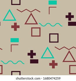 Nahtloses Memphis-Muster. Abstrakte farbige Textur mit Linien und geometrischen Figuren für Kleidung, Papier, Tablett. Angesagter, nahtloser mehrfarbiger Hintergrund im Memphis-Stil für Ihr Design. Vektorillustration.