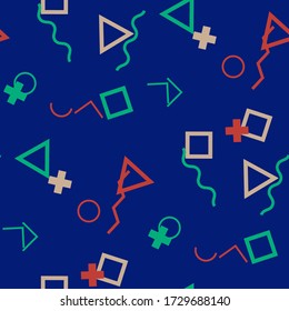 Seamless Memphis Pattern. Abstract Colorful Texture with Lines and Geometric Figures for Print, Fabric, Textile. Vintage Seamless Multicolor Background in Memphis Style for your Design. Vector.