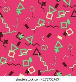 Patrón de Memphis sin soldadura. Resumen de textura colorida con líneas y figuras geométricas para vestir, cortinas, manteles. Moderno fondo multicolor sin foco en el estilo Memphis para su diseño. Vector.