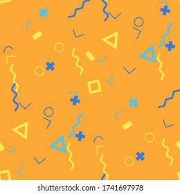 Nahtloses Memphis-Muster. Abstrakte farbige Textur mit Linien und geometrischen Figuren für Chintz, Linen, Tapeten. Vintage Nahtlose Multicolor Hintergrund in Memphis Style für Ihr Design. Vektor.