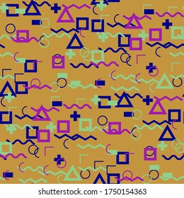 Seamless Memphis Pattern. Abstract Colorful Texture with Lines and Geometric Figures for Cotton, Calico, Textile. Trendy Seamless Multicolor Background in Memphis Style for your Design. Vector.