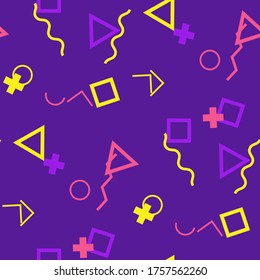 Seamless Memphis Pattern. Abstract Colorful Texture with Lines and Geometric Figures for Print, Fabric, Textile. Vintage Seamless Multicolor Background in Memphis Style for your Design. Vector.