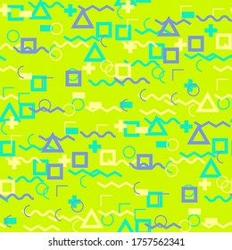 Patrón de Memphis sin soldadura. Resumen de textura colorida con líneas y figuras geométricas para Chintz, Cortina, Papel. Fondo multicolor retro sin foco en el estilo Memphis para su diseño. Vector.