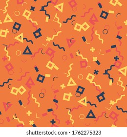 Seamless Memphis Pattern. Abstract Colorful Texture with Lines and Geometric Figures for Chintz, Linen, Paper. Retro Seamless Multicolor Background in Memphis Style for your Design. Vector.
