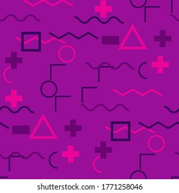 Seamless Memphis Pattern. Abstract Colorful Texture with Lines and Geometric Figures for Print, Fabric, Textile. Vintage Seamless Multicolor Background in Memphis Style for your Design. Vector.