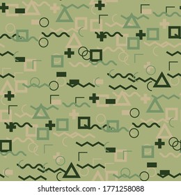 Seamless Memphis Pattern. Abstract Colorful Texture with Lines and Geometric Figures for Print, Fabric, Textile. Retro Seamless Multicolor Background in Memphis Style for your Design. Vector.