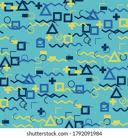 Seamless Memphis Pattern. Abstract Colorful Texture with Lines and Geometric Figures for Wallpaper, Print, Cotton. Trendy Seamless Multicolor Background in Memphis Style for your Design. Vector.