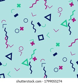 Patrón de Memphis sin soldadura. Resumen de textura colorida con líneas y figuras geométricas para Calico, Impresión, Textil. Fondo multicolor inmaculado inmaculado en estilo Memphis para su diseño. Vector.