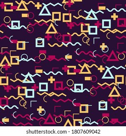Seamless Memphis Pattern. Abstract Colorful Texture with Lines and Geometric Figures for Print, Cloth, Textile. Vintage Seamless Multicolor Background in Memphis Style for your Design. Vector.