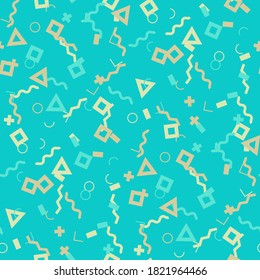 Seamless Memphis Pattern. Abstract Colorful Texture with Lines and Geometric Figures for Dress, Curtain, Tablecloth. Vintage Seamless Multicolor Background in Memphis Style for your Design. Vector.