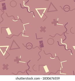 Patrón de Memphis sin soldadura. Resumen de textura colorida con líneas y figuras geométricas para algodón, impresión, textil. Moderno fondo multicolor sin foco en el estilo Memphis para su diseño. Vector.