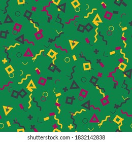 Patrón de Memphis sin soldadura. Resumen de textura colorida con líneas y figuras geométricas para algodón, impresión, Calico. Fondo multicolor retro sin foco en el estilo Memphis para su diseño. Vector.