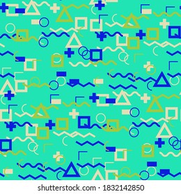 Seamless Memphis Pattern. Abstract Colorful Texture with Lines and Geometric Figures for Wallpaper, Fabric, Print. Trendy Seamless Multicolor Background in Memphis Style for your Design. Vector.