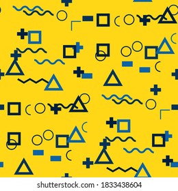 Seamless Memphis Pattern. Abstract Colorful Texture with Lines and Geometric Figures for Cotton, Calico, Textile. Trendy Seamless Multicolor Background in Memphis Style for your Design. Vector.