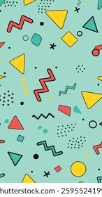 Seamless Memphis pattern with abstract geometric shapes, squiggles, and dots in pastel colors on a pink background.