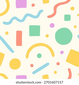 Padrão de mênfis contínuo com formas abstratas geométricas coloridas em cores pastel. Fundo minimalista moderno e moderno. 80s-90s retro estilo vetor ilustração para tecido, papel de parede.