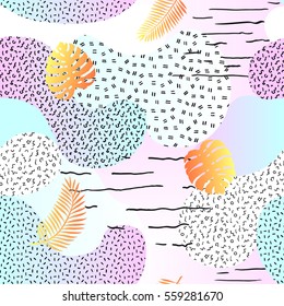 Seamless memphis pattern with hand drawn textures. Retro design, fashion art. Vector 