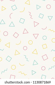 Seamless memphis pattern with light background with different shapes. Vector repeating texture.