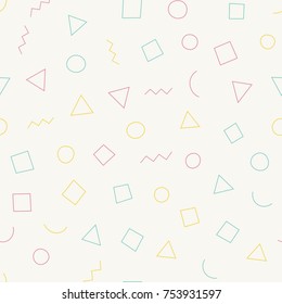 Seamless memphis pattern with light background with different shapes. Trendy memphis style. Vector repeating texture.