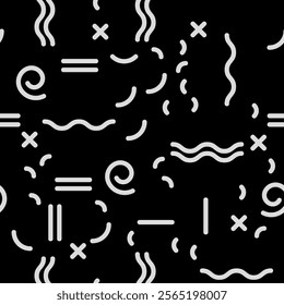 Seamless memphis pattern, Light gray geometric shapes arc, spiral, wavy line, straight line, cross in doodle style on black background, Minimalist art fashion 80-90s