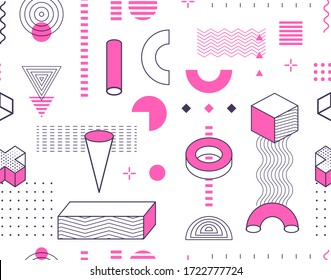 Seamless Memphis style graphic design wallpaper pattern. Repeatable hand drawn geometric shapes outline vector illustration. Geometry elements contour texture.