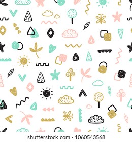 Seamless Memphis style pattern of Hand drawn Doodle geometric shapes. Vector background