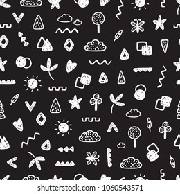 Seamless Memphis style pattern of Hand drawn Doodle geometric shapes. Vector Black and White Background