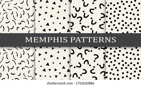 Seamless memphis style pattern print set. Abstract background pattern design. Vector illustration.