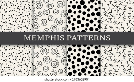 Seamless memphis style pattern print set. Abstract background pattern design. Vector illustration.