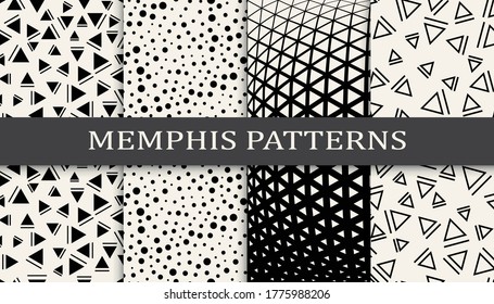 Seamless memphis style pattern print set. Abstract background pattern design. Funky vector illustration.