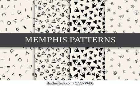 Seamless memphis style pattern print set. Abstract background pattern design. Funky vector illustration.