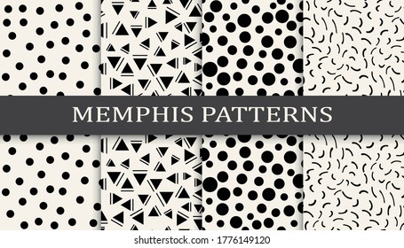 Seamless memphis style pattern print set. Abstract background pattern design. Funky vector illustration.