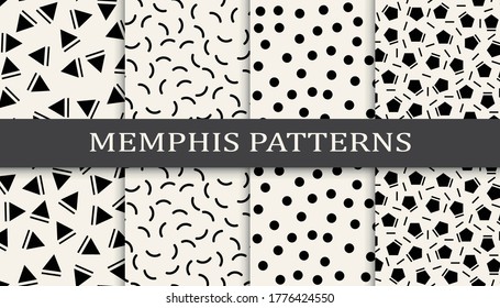 Seamless memphis style pattern print set. Abstract background pattern design. Funky vector illustration.