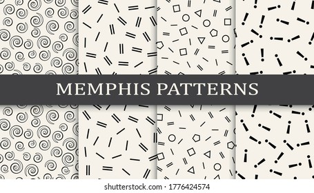 Seamless memphis style pattern print set. Abstract background pattern design. Funky vector illustration.