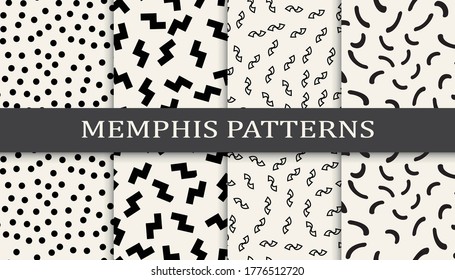Seamless memphis style pattern print set. Abstract background pattern design. Funky vector illustration.