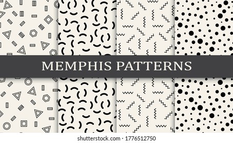 Nahtlose Memphis-Stilmuster Drucksatz. Abstraktes Hintergrundmuster-Design. Funky Vektorgrafik.