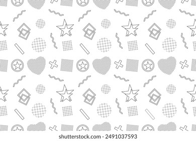 A seamless Memphis style retro pattern with abstract geometric shapes and lines in black and white, ideal for coloring pages and creative projects.