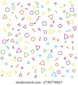 Nahtloses geometrisches Muster im Memphis-Stil. Umfasst einfache Formen wie Rechtecke, Kreise, Zickzacklinien, Dreiecke und wellenförmige Linien. Vektorgrafik