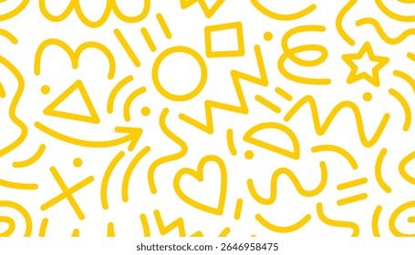 Seamless Memphis-style pattern with basic shapes like stars, hearts, circles, triangles, arrows, zigzags, and wavy lines. Abstract doodle design inspired by retro 80s–90s style.