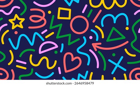 Seamless Memphis-style pattern with basic shapes like stars, hearts, circles, triangles, arrows, zigzags, and wavy lines. A colorful abstract doodle design inspired by retro 80s–90s style.