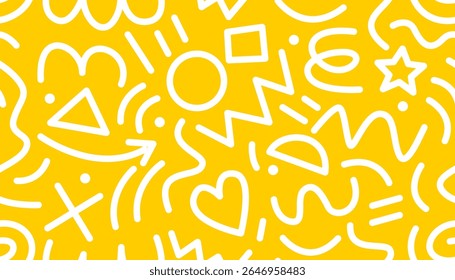 Seamless Memphis-style pattern with basic shapes like stars, hearts, circles, triangles, arrows, zigzags, and wavy lines. Abstract doodle design inspired by retro 80s–90s style.
