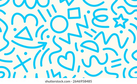 Seamless Memphis-style pattern with basic shapes like stars, hearts, circles, triangles, arrows, zigzags, and wavy lines. Abstract doodle design inspired by retro 80s–90s style.