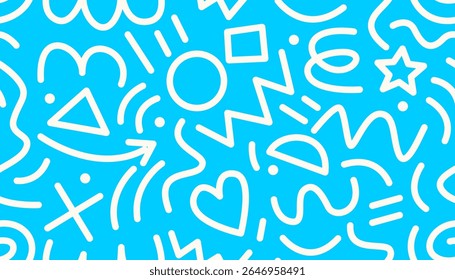 Seamless Memphis-style pattern with basic shapes like stars, hearts, circles, triangles, arrows, zigzags, and wavy lines. Abstract doodle design inspired by retro 80s–90s style.