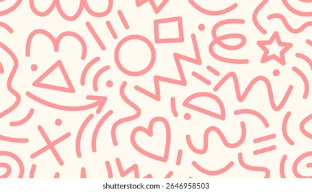 Seamless Memphis-style pattern with basic shapes like stars, hearts, circles, triangles, arrows, zigzags, and wavy lines. Abstract doodle design inspired by retro 80s–90s style.
