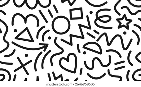 Seamless Memphis-style pattern with basic shapes: star, heart, circle, triangle, arrow, zigzag, and wavy lines. A black and white abstract doodle design inspired by retro 80s–90s style.