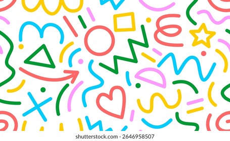 Seamless Memphis-style pattern with basic shapes like stars, hearts, circles, triangles, arrows, zigzags, and wavy lines. A colorful abstract doodle design inspired by retro 80s–90s style.