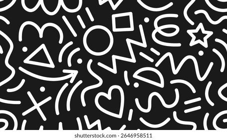 Seamless Memphis-style pattern with basic shapes: star, heart, circle, triangle, arrow, zigzag, and wavy lines. A black and white abstract doodle design inspired by retro 80s–90s style.