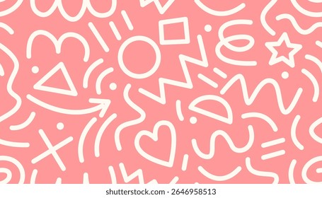 Seamless Memphis-style pattern with basic shapes like stars, hearts, circles, triangles, arrows, zigzags, and wavy lines. Abstract doodle design inspired by retro 80s–90s style.