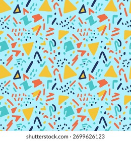 A seamless Memphis-style vector pattern bursting with playful 1980s shapes—triangles, squiggles, and dots—in vivid blue, yellow, teal, and orange over a bright cyan background.