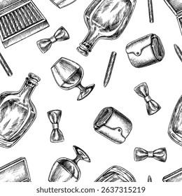 Seamless men s-themed pattern. Cognac, a purse, cigars and a bow tie. Handmade vector illustration. Black and white image. For textiles, printing, wrapping paper, packaging and more.